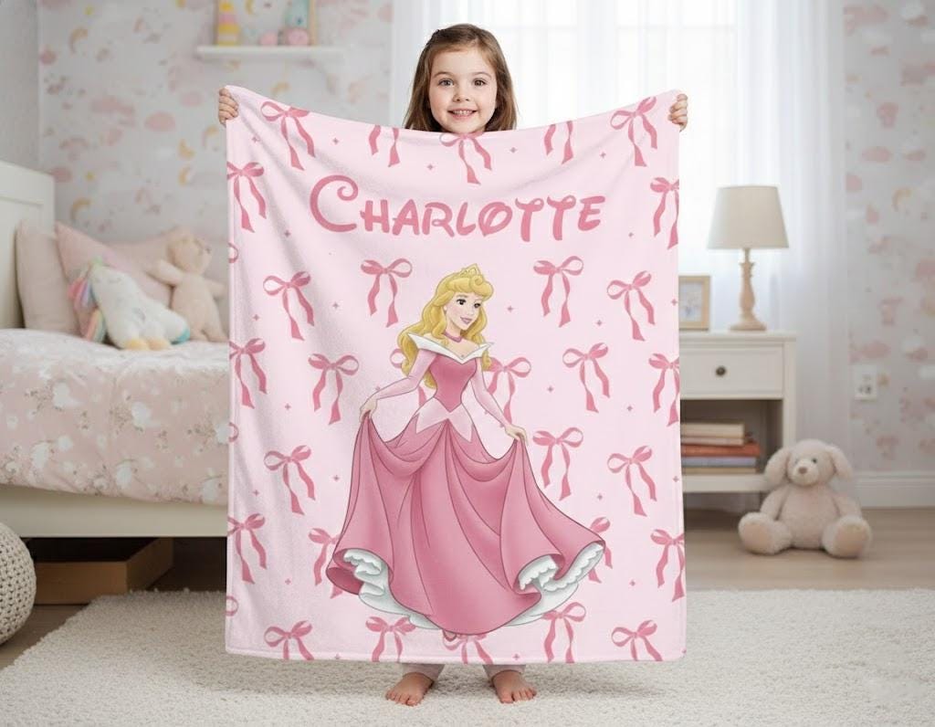 Custom Aurora Princess Blanket, Sleeping Beauty Bows Throw, Personalized Disney Coquette Bedding, Princess Birthday Girl Gift