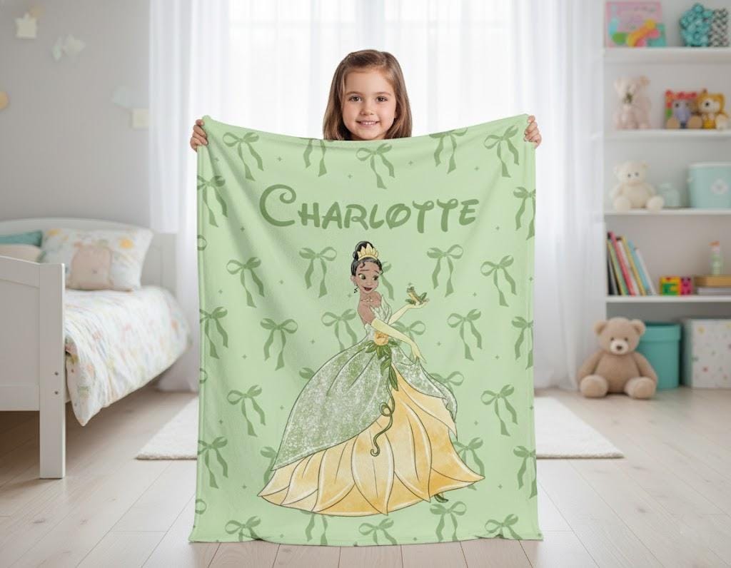 Disney Princess Tiana Blanket, Custom Name Princess and the Frog Throw, Coquette Bows Bedding, Girls Birthday Gift