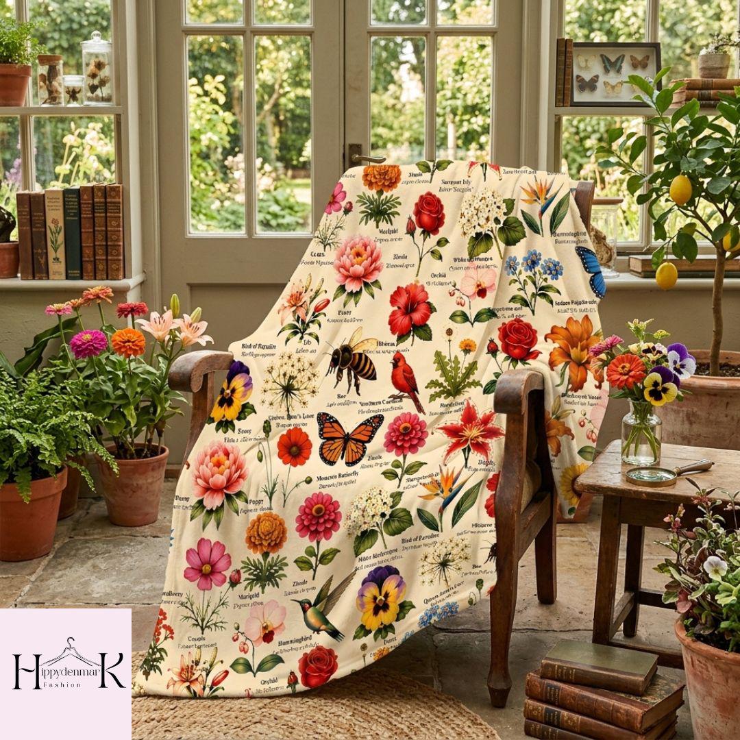 Vintage Cottagecore Floral Blanket, Cottagecore Hummingbird Blanket, Hummingbird Cardinal Bird Lover Gift, Nature Science Teacher Gift