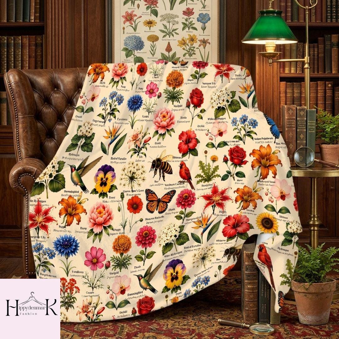 Vintage Cottagecore Floral Blanket, Cottagecore Hummingbird Blanket, Hummingbird Cardinal Bird Lover Gift, Nature Science Teacher Gift