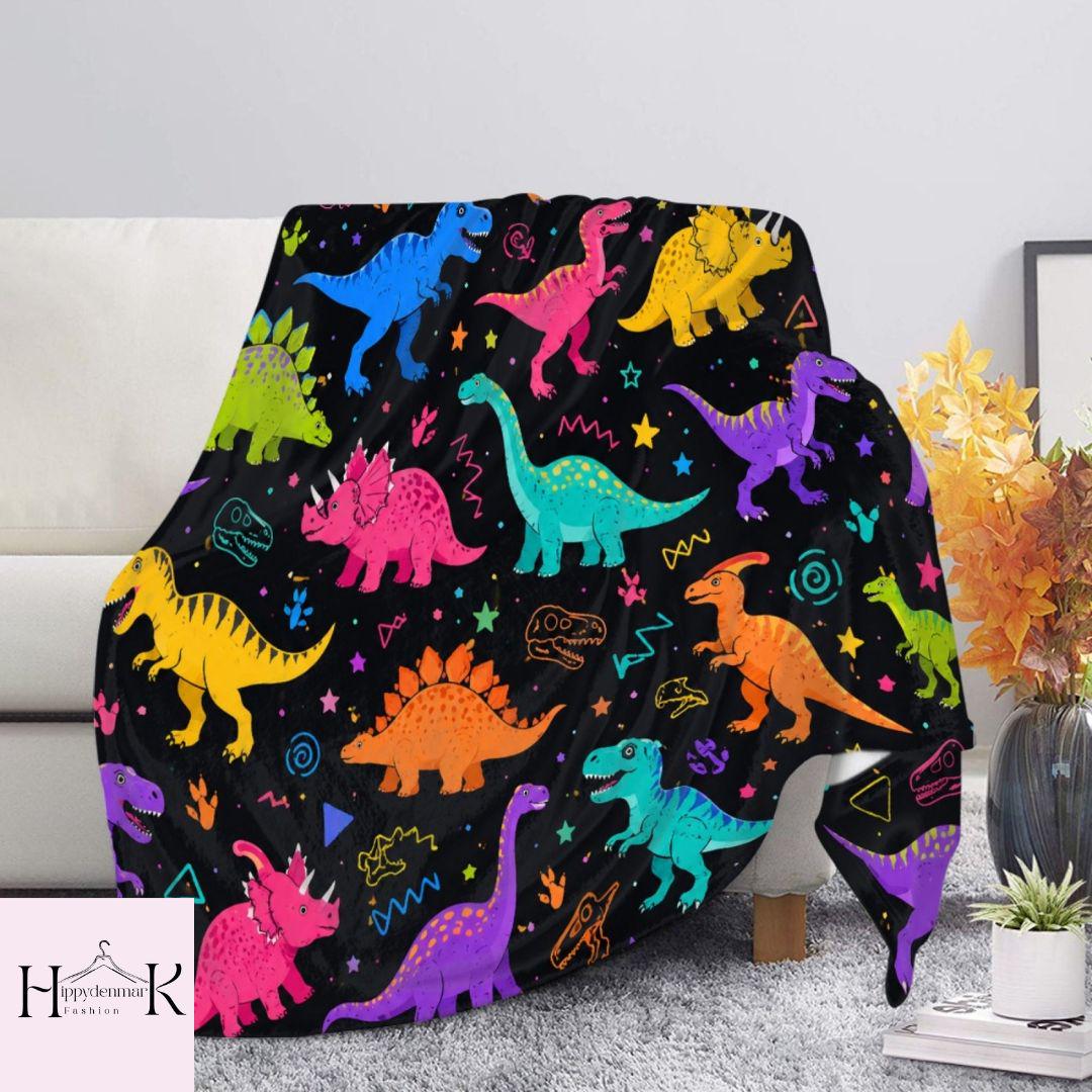 Neon Dinosaur Blanket, Cute Dino Toddler Throw, Kids Bedroom Decor, Colorful Stegosaurus T-Rex Fleece Blanket, Dino Gift for Boys