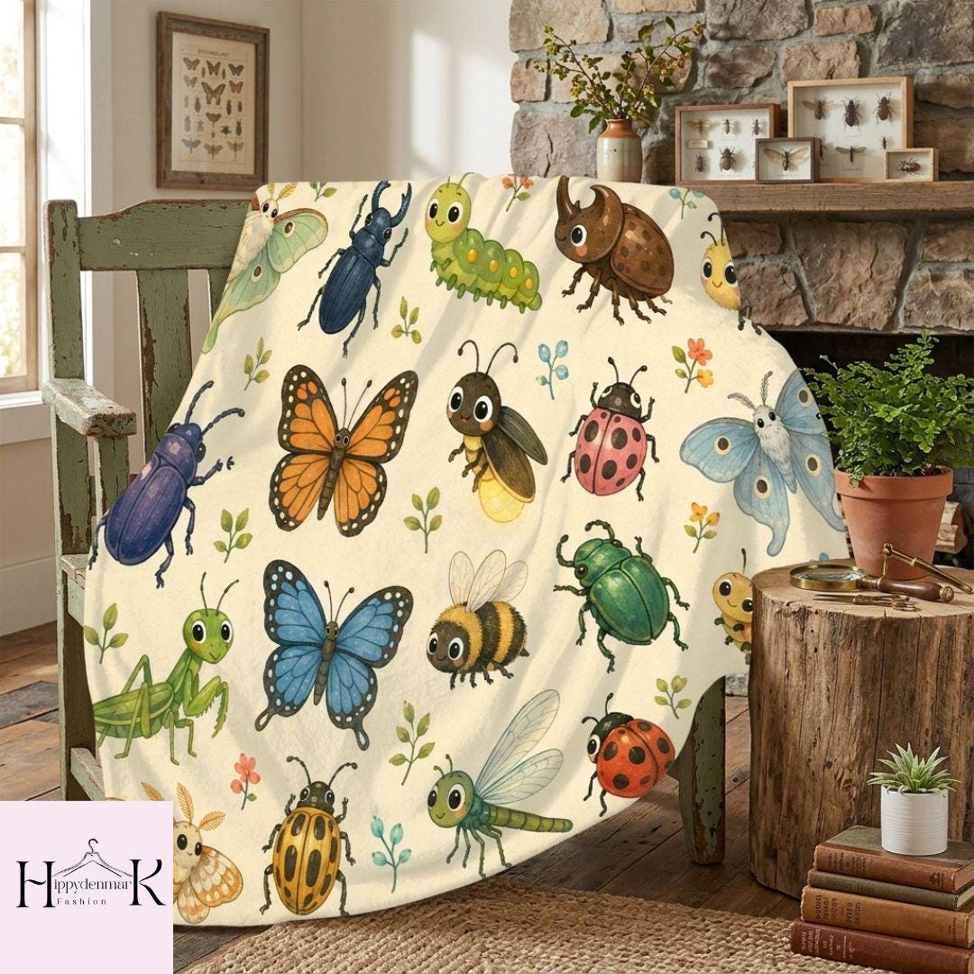 Cute Insect Bug Blanket, Vintage Beetle Butterfly Throw, Kids Bedroom Decor, School Science Teacher Gift, Colorful Caterpillar Gift
