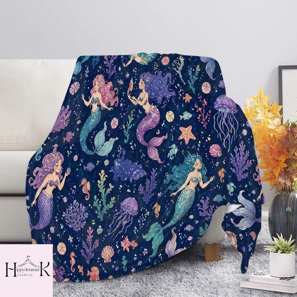 Cute Mermaid Throw Blanket, Ocean Life Fleece Blanket, Magical Sea Kids Bedding, Under The Sea Nursery Decor, Birthday Gift for Girls