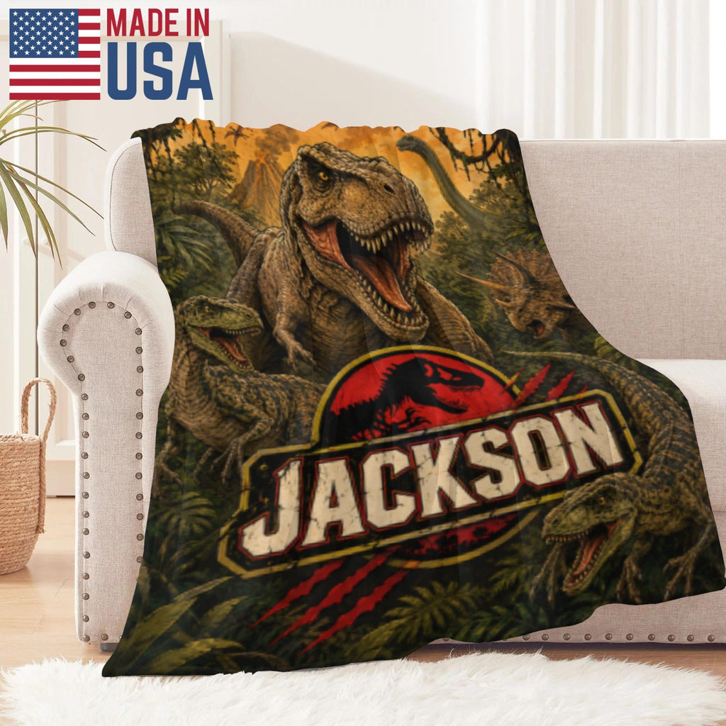 Personalized Dinosaur Blanket, Custom T-Rex Throw for Boys, Jurassic Dinosaur Room Decor, Soft Flannel Dino Gift, Prehistoric Kids Bedding
