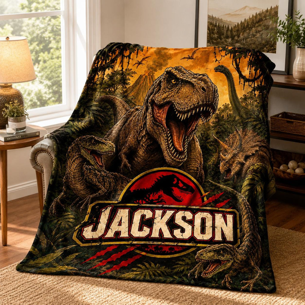 Personalized Dinosaur Blanket, Custom T-Rex Throw for Boys, Jurassic Dinosaur Room Decor, Soft Flannel Dino Gift, Prehistoric Kids Bedding