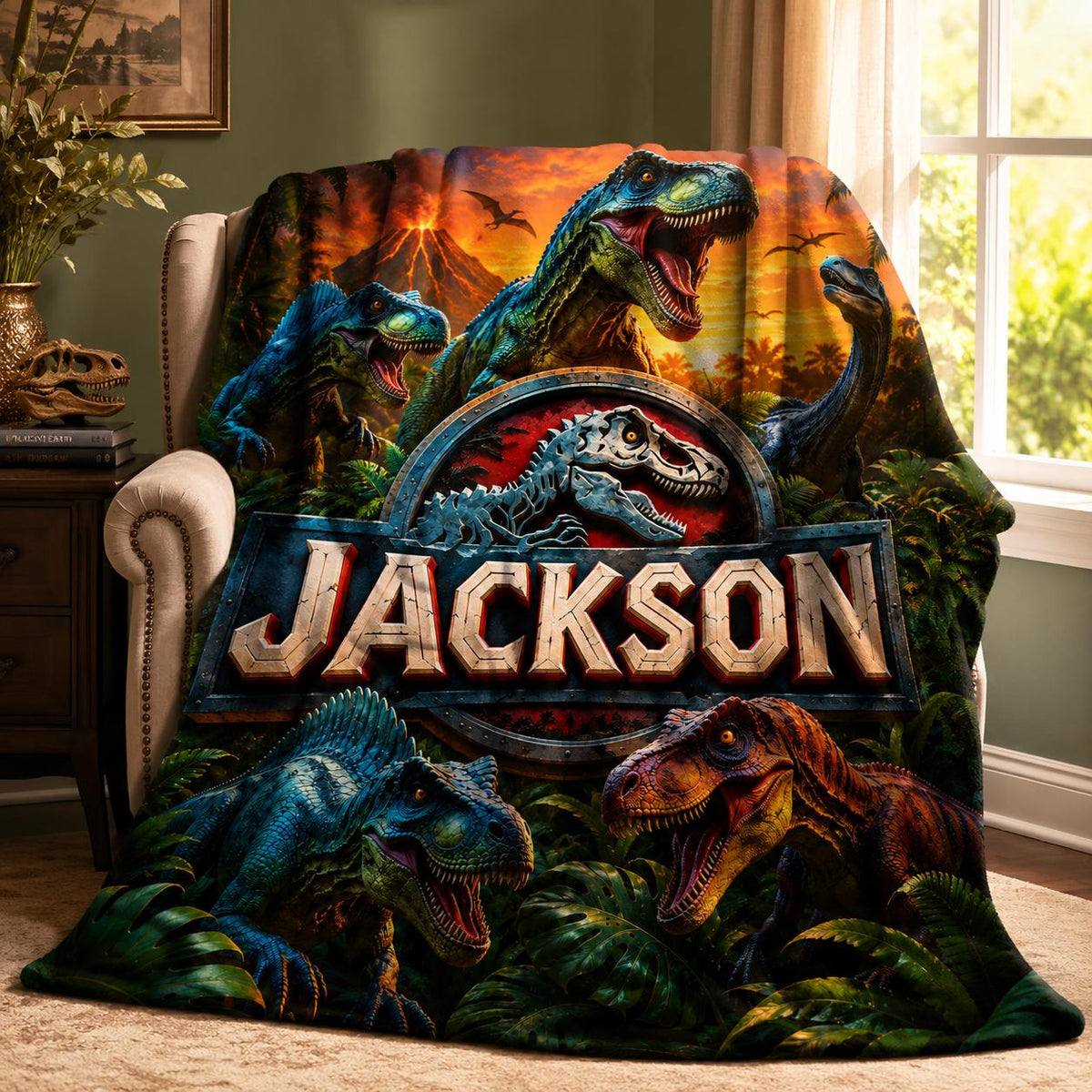 Custom Dinosaur Blanket, Personalized Jurassic Flannel Throw, T-Rex Prehistoric Bedding for Boys, Kids Custom Name Birthday Gift Idea