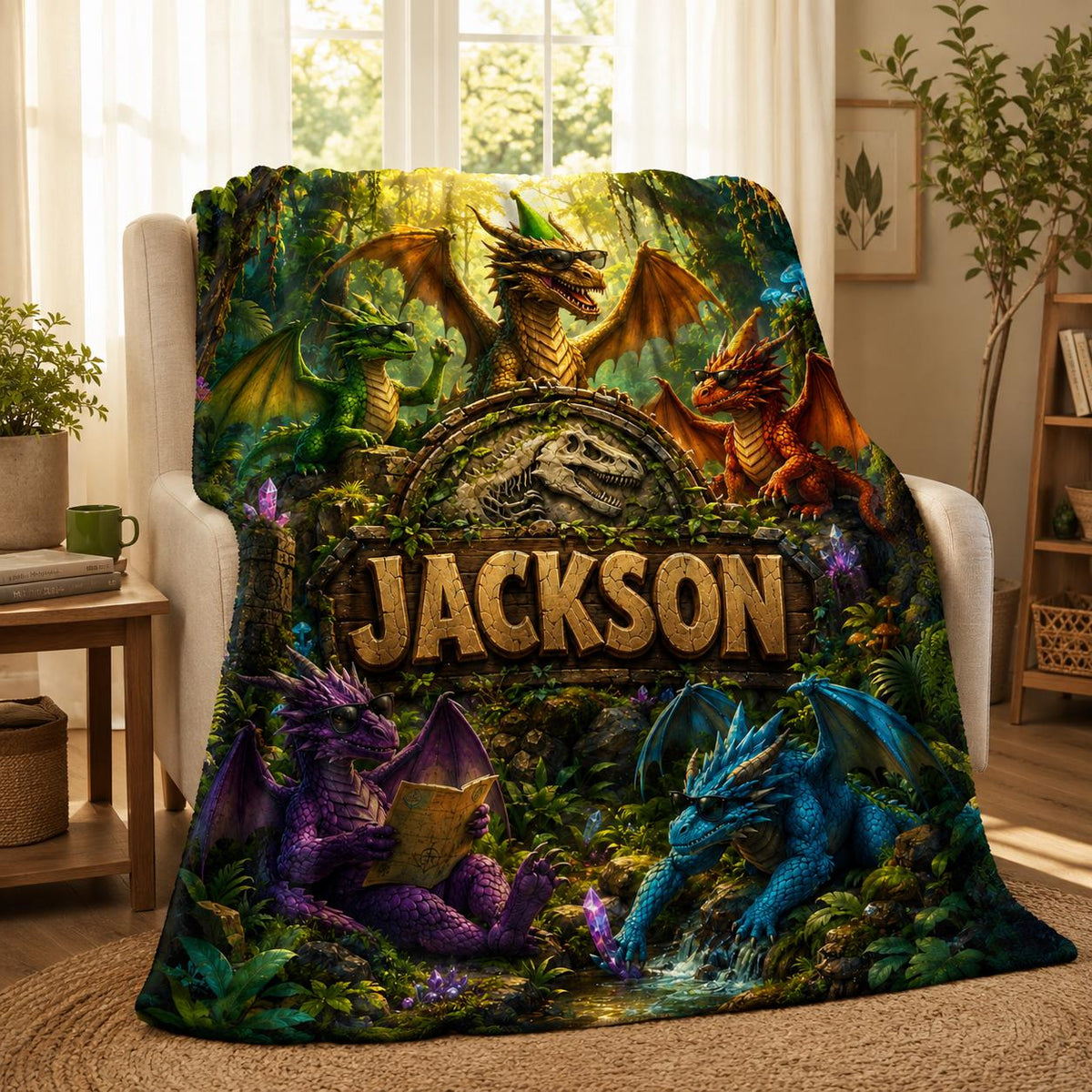 Custom Dragon Name Blanket Personalized Flannel Throw Jurassic Dinosaur Theme Boys Room Decor Fantasy Kids Birthday Gift Nursery Present