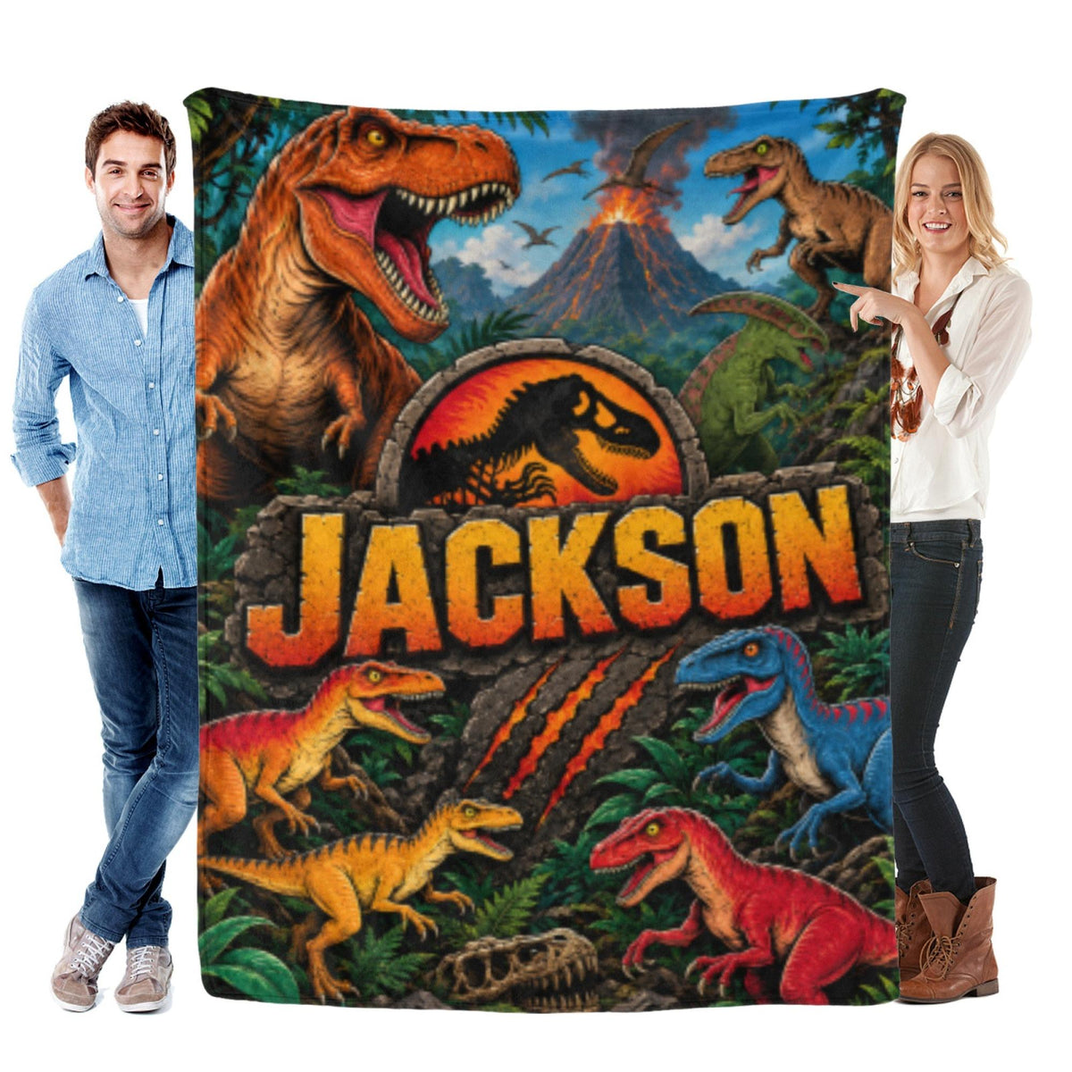 Personalized Dinosaur Blanket Custom Name Flannel Throw, Jurassic T-Rex Boy Birthday Gift, Volcano Prehistoric Toddler Kids Room Decor