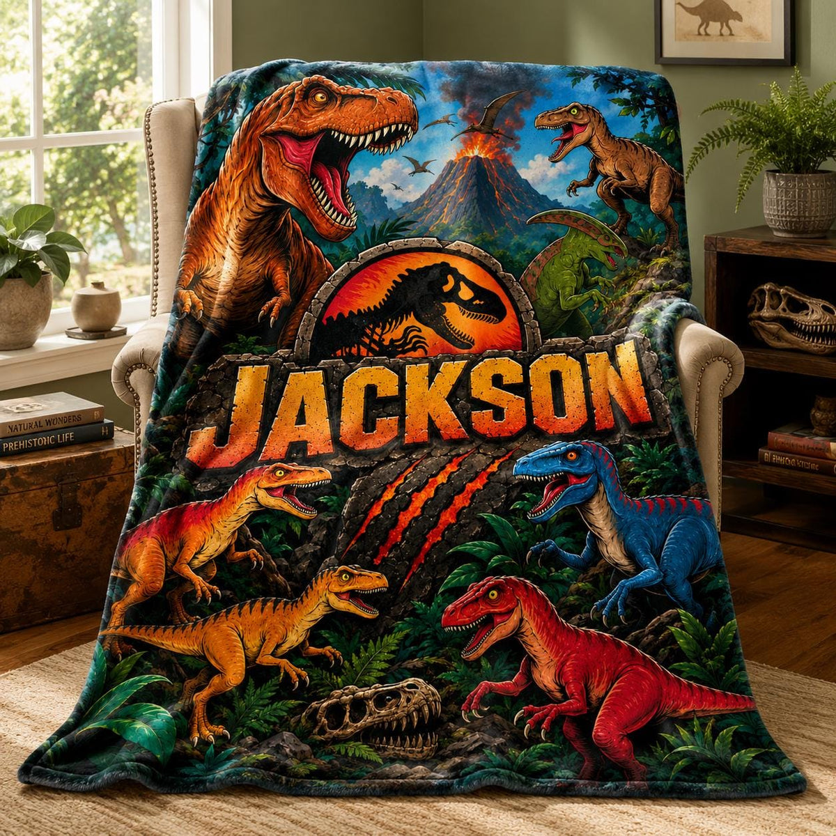 Personalized Dinosaur Blanket Custom Name Flannel Throw, Jurassic T-Rex Boy Birthday Gift, Volcano Prehistoric Toddler Kids Room Decor