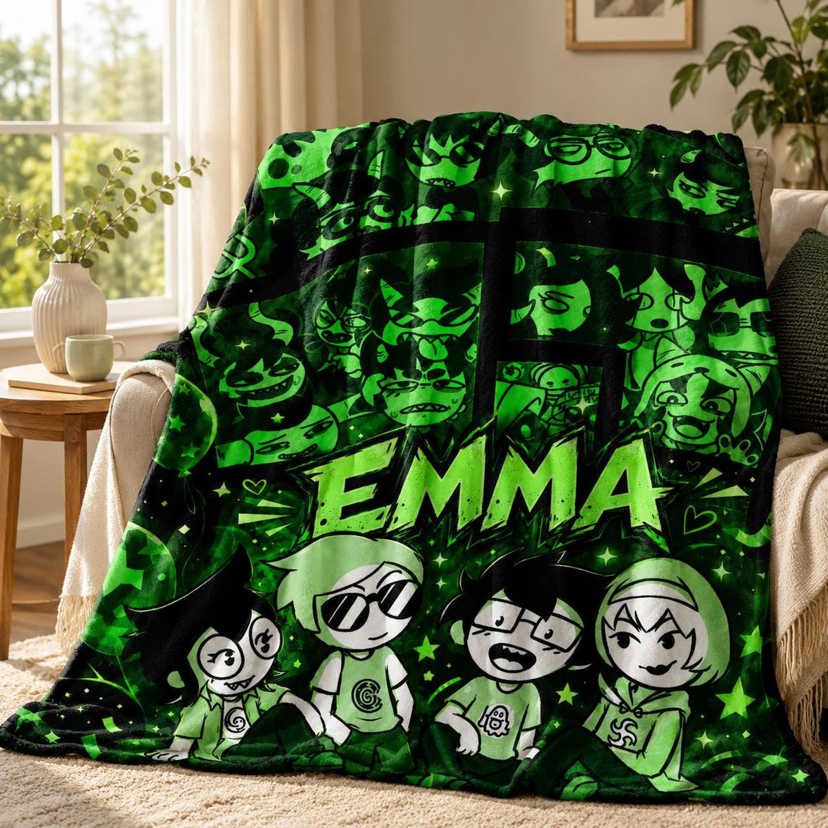 Custom Name Flannel Blanket Personalized Webcomic Fan Gift Green Anime Gamer Room Decor Geeky Birthday Present for Teen Boys and Girls