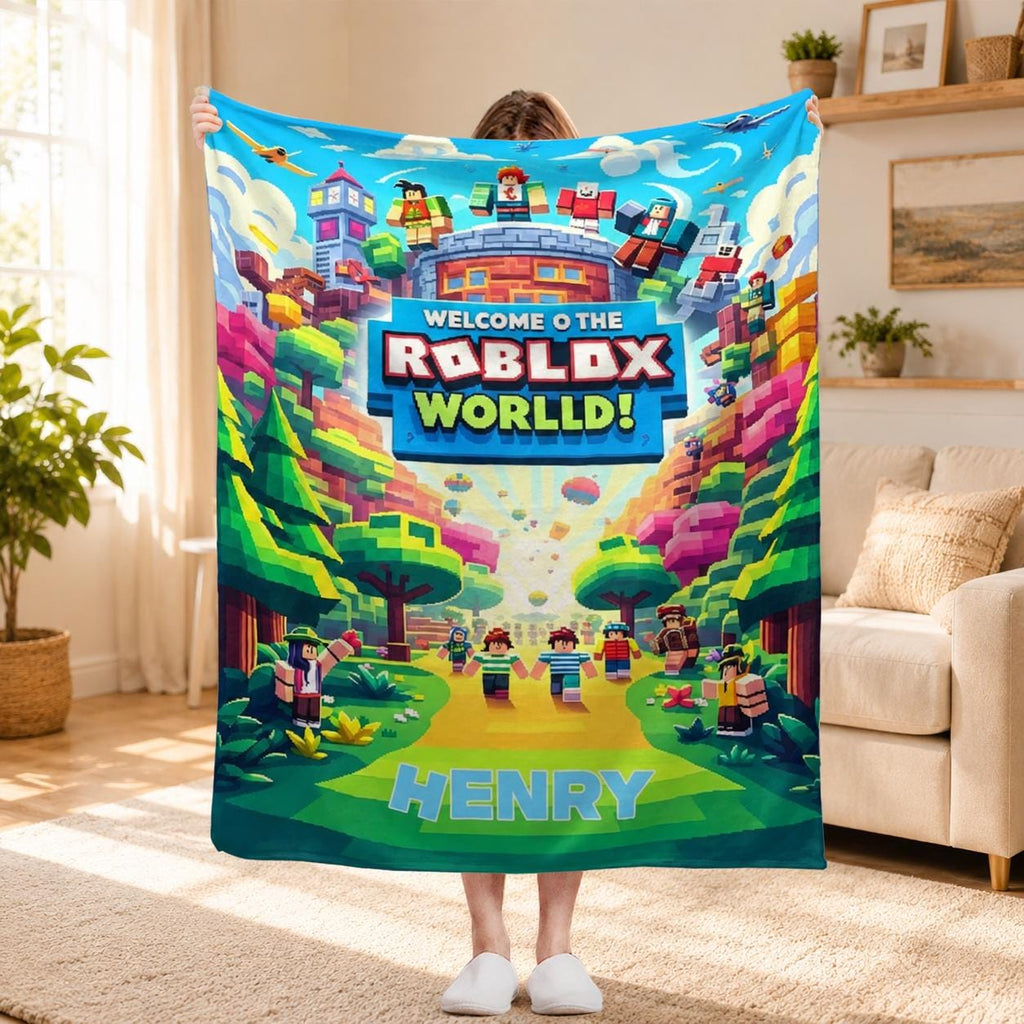 Personalized Blanket, Custom Name Gamer Flannel Throw, Cute Pixel Block World Kids Bedding, Birthday Gift for Gamer Toddler Teen
