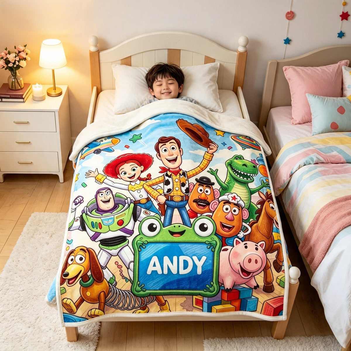 Toy Story 5 Blanket, Disney Blanket, Custom Andy Blanket, Woody Buzz Lightyear Jessie Rex, Personalized Cute Kids Birthday Gift