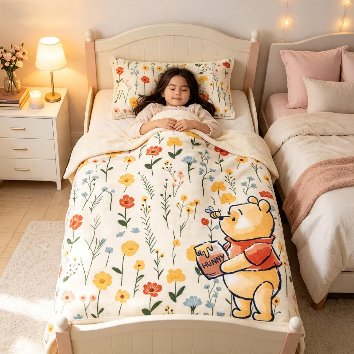Floral Pooh Bear Blanket, Disney Blanket, Custom Name Blanket, Wildflower Nursery, Winnie The Pooh Hunny Pot, Baby Shower Gift