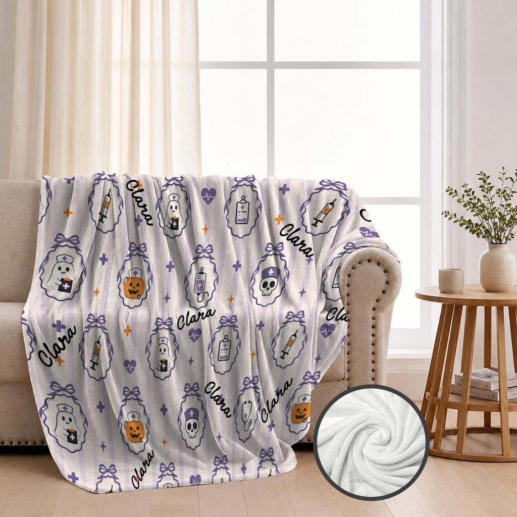 Nurse Halloween Blanket, Spooky Blanket, RN Gift, Cozy Throw, Nurse Woven, Retirement Blanket, Cute Ghost Nurse Woven
