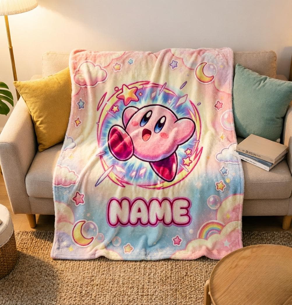 Custom Pastel Cloud Kirby Blanket Soft Throw, Kids Video Game Fan Toddler Birthday Gift