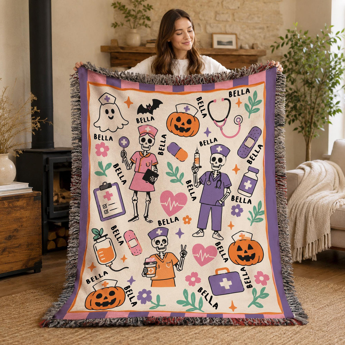 Nurse Halloween Blanket, Spooky Blanket, RN Gift, Cozy Throw, Nurse Woven, Retirement Blanket, Cute Skeleton Nurse Woven