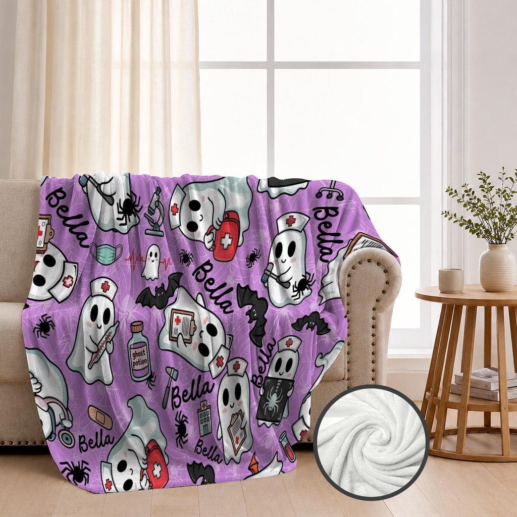 Personalized Nurse Halloween Blanket, Spooky Blanket, RN Gift, Cozy Throw, Nurse Woven, Retirement Blanket, Cute Boo Nurse Blanket