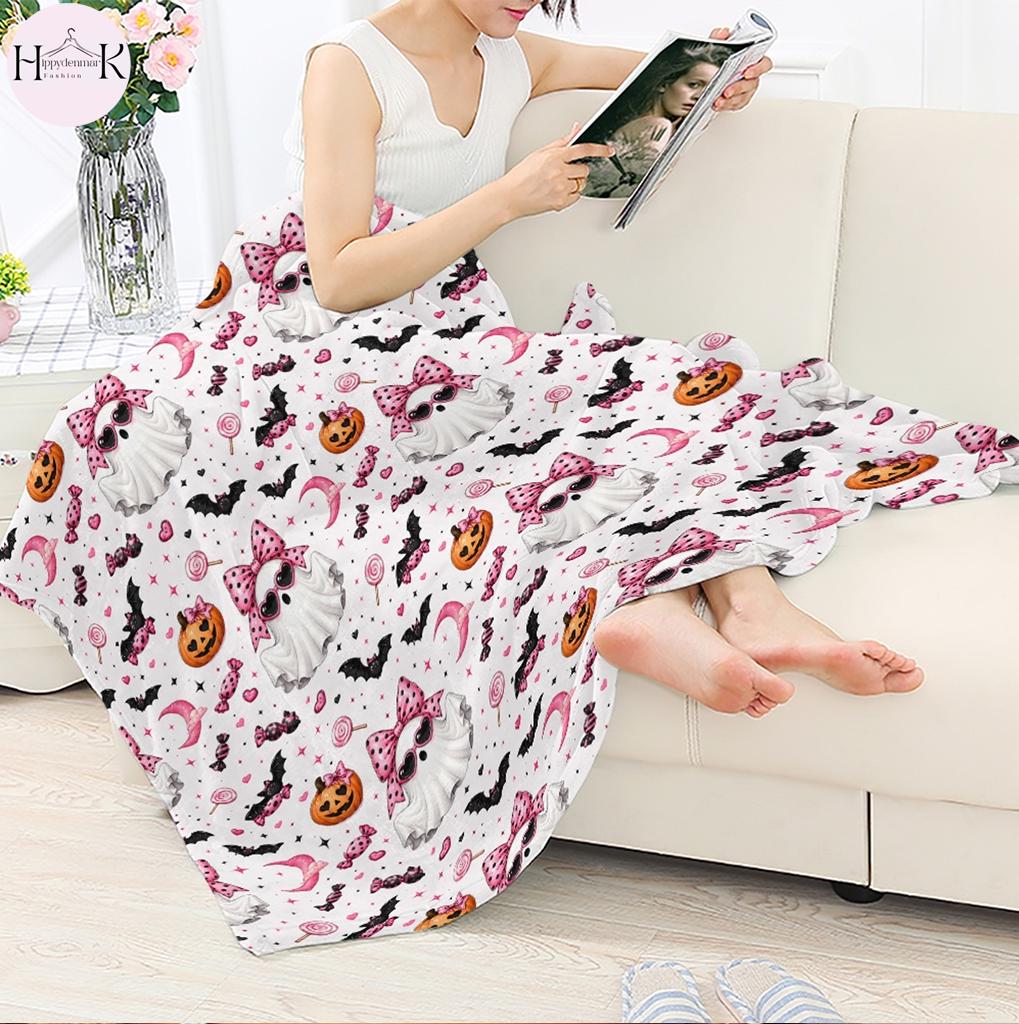 Coquette Halloween Ghost Blanket, Pink Bow Pumpkin Bat Throw Blanket, Cute Spooky Season Fleece Blanket, Cozy Halloween Home Decor Gift