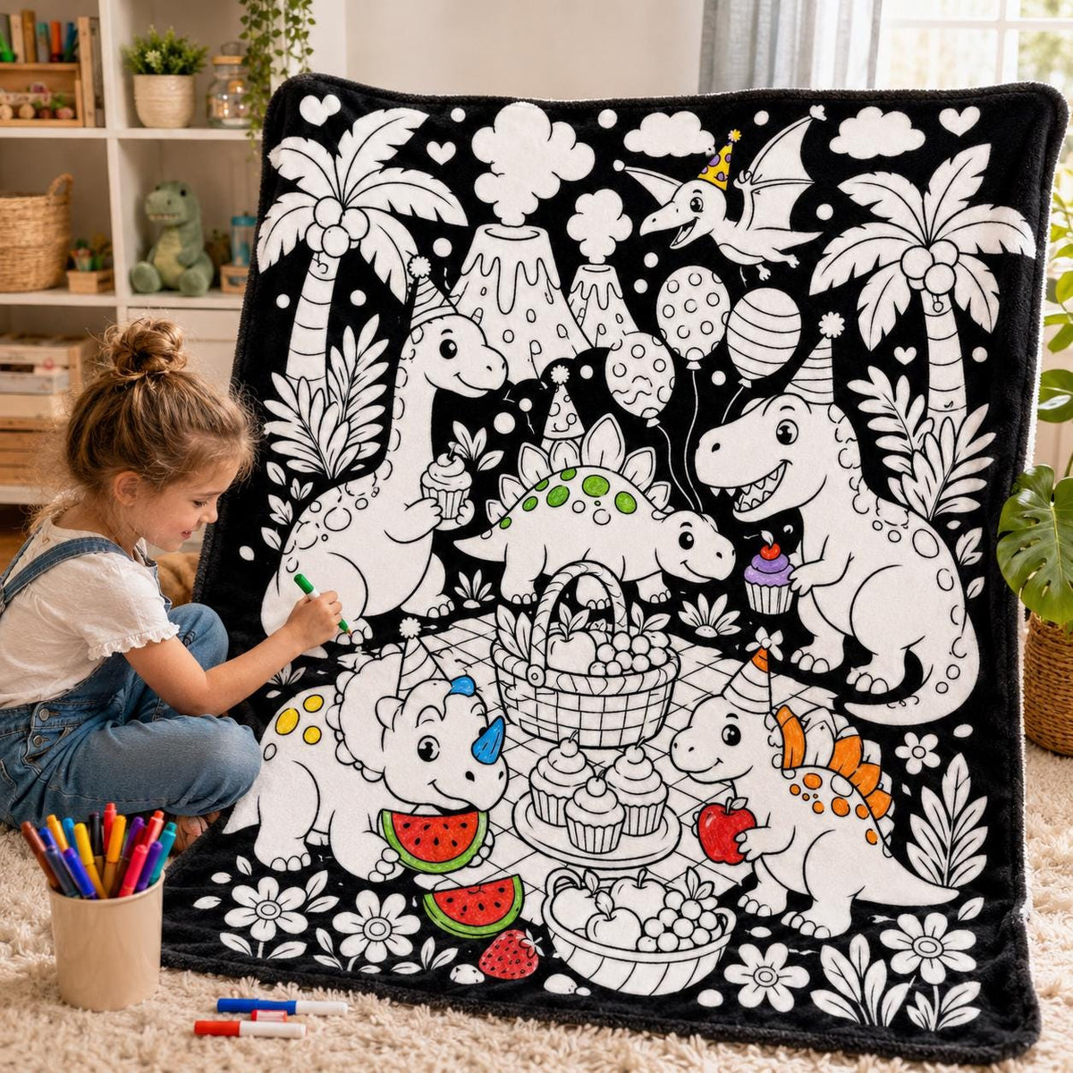 Coloring Throw Blanket,DIY Kids Art Blanket With Markers,Farm Dinosaur Mermaid Puppy Designs,Cozy Craft Gift For Children, Cute Kawaii Style