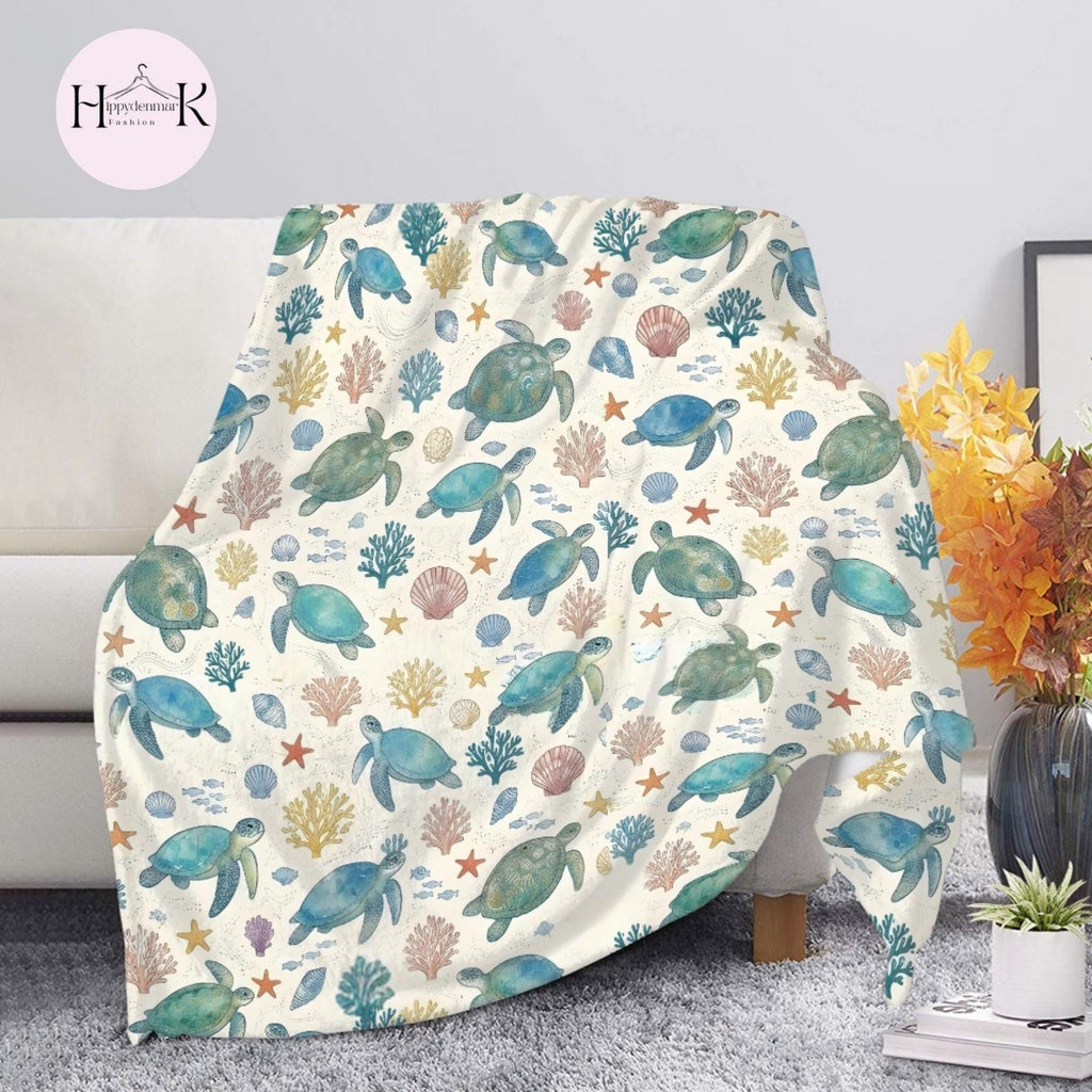 Sea Turtle Blanket, Beach Turtle Fleece, Coastal Ocean Throw, Nautical Marine Decor, Cozy Gift for Turtle Lovers, Soft Blanket
