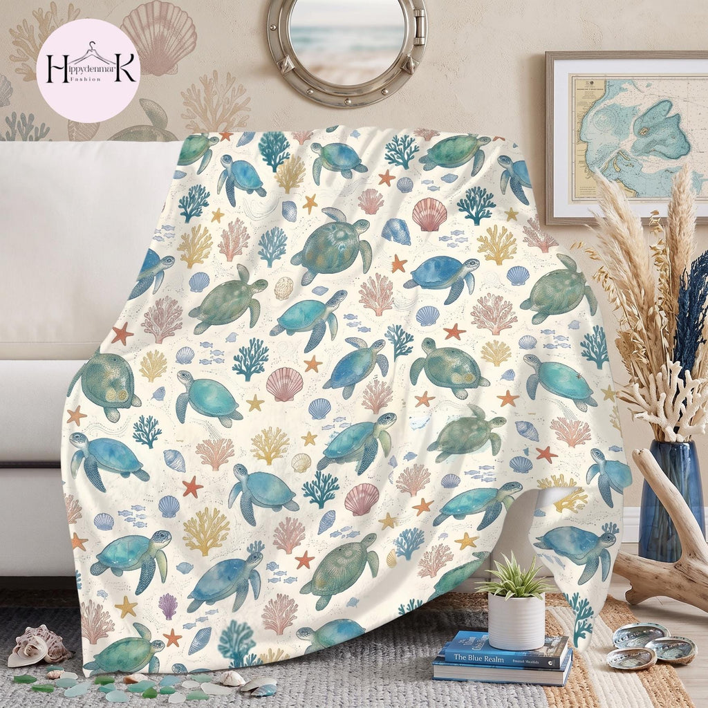 Sea Turtle Blanket, Beach Turtle Fleece, Coastal Ocean Throw, Nautical Marine Decor, Cozy Gift for Turtle Lovers, Soft Blanket