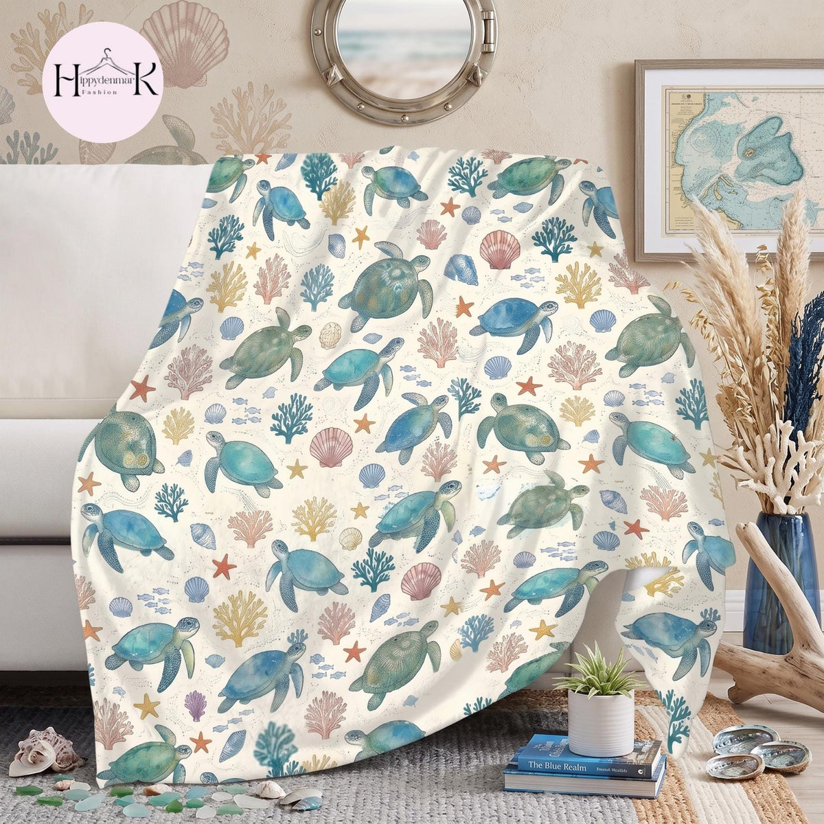 Sea Turtle Blanket, Beach Turtle Fleece, Coastal Ocean Throw, Nautical Marine Decor, Cozy Gift for Turtle Lovers, Soft Blanket