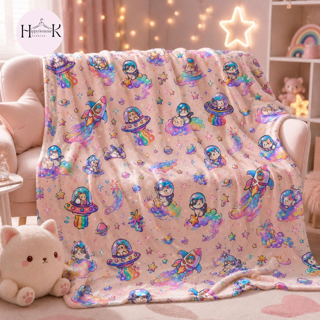 Cute Space Cat Blanket, Kawaii Galaxy Throw, Astronaut Kitty Fleece, Pastel Cosmic Blanket, Cozy Gift for Cat Lovers Kids