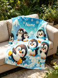 Custom Name Penguin Fleece Blanket, Cozy Animal Throw, Winter Snowflakes