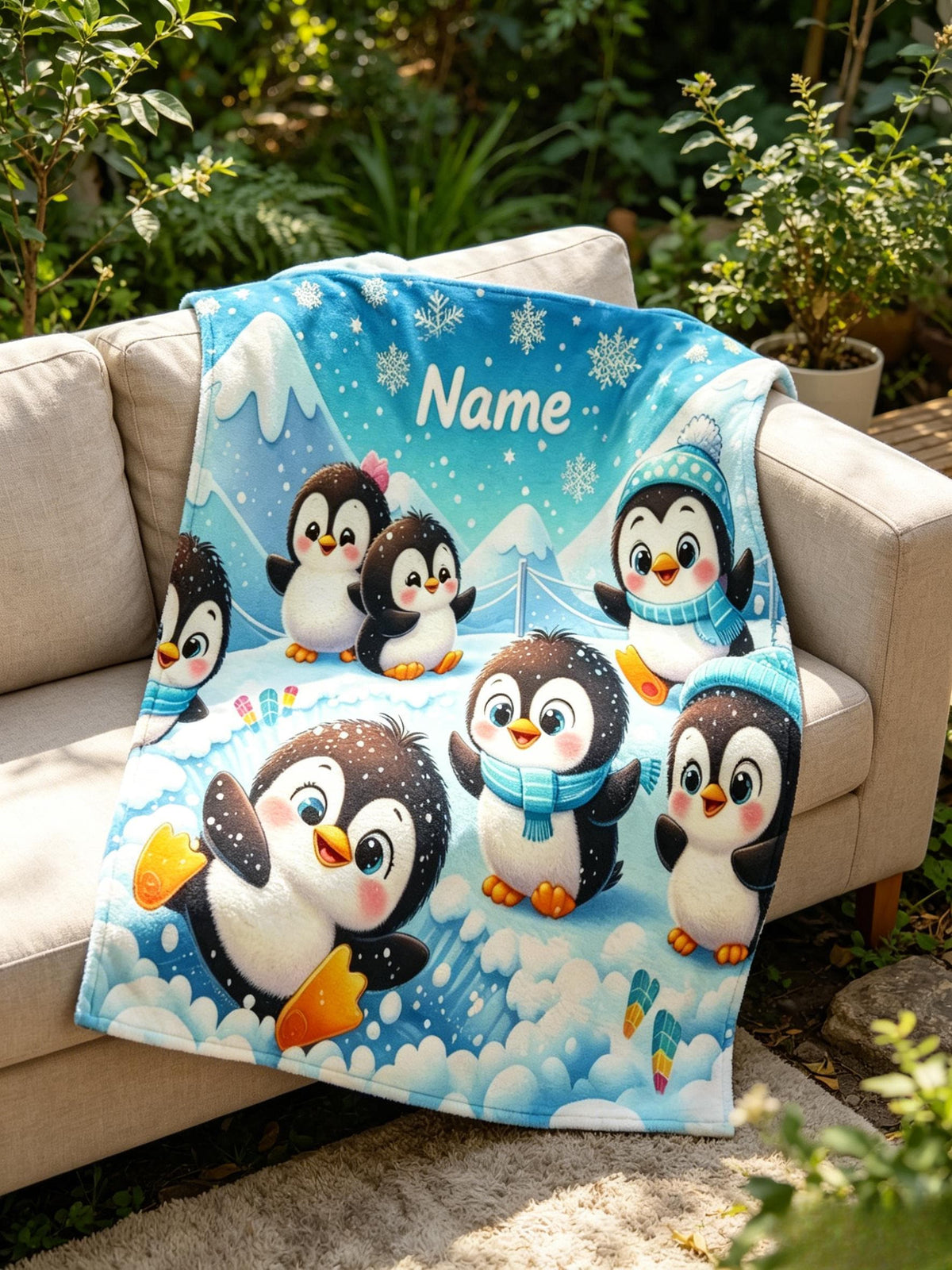 Custom Name Penguin Fleece Blanket, Cozy Animal Throw, Winter Snowflakes