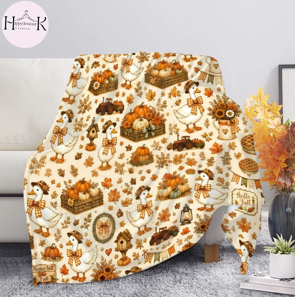 Fall Goose Blanket, Autumn Pumpkin Throw Blanket, Cute Goose Floral Cozy Blanket, Farmhouse Fall Decor, Thanksgiving Gift for Her