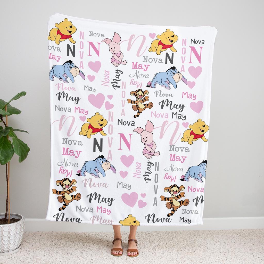 Personalized Winnie the Pooh Baby Blanket, Custom Name Eeyore Tigger Fleece Blanket, Cute Kids Nursery Decor, Newborn Baby Shower Gift
