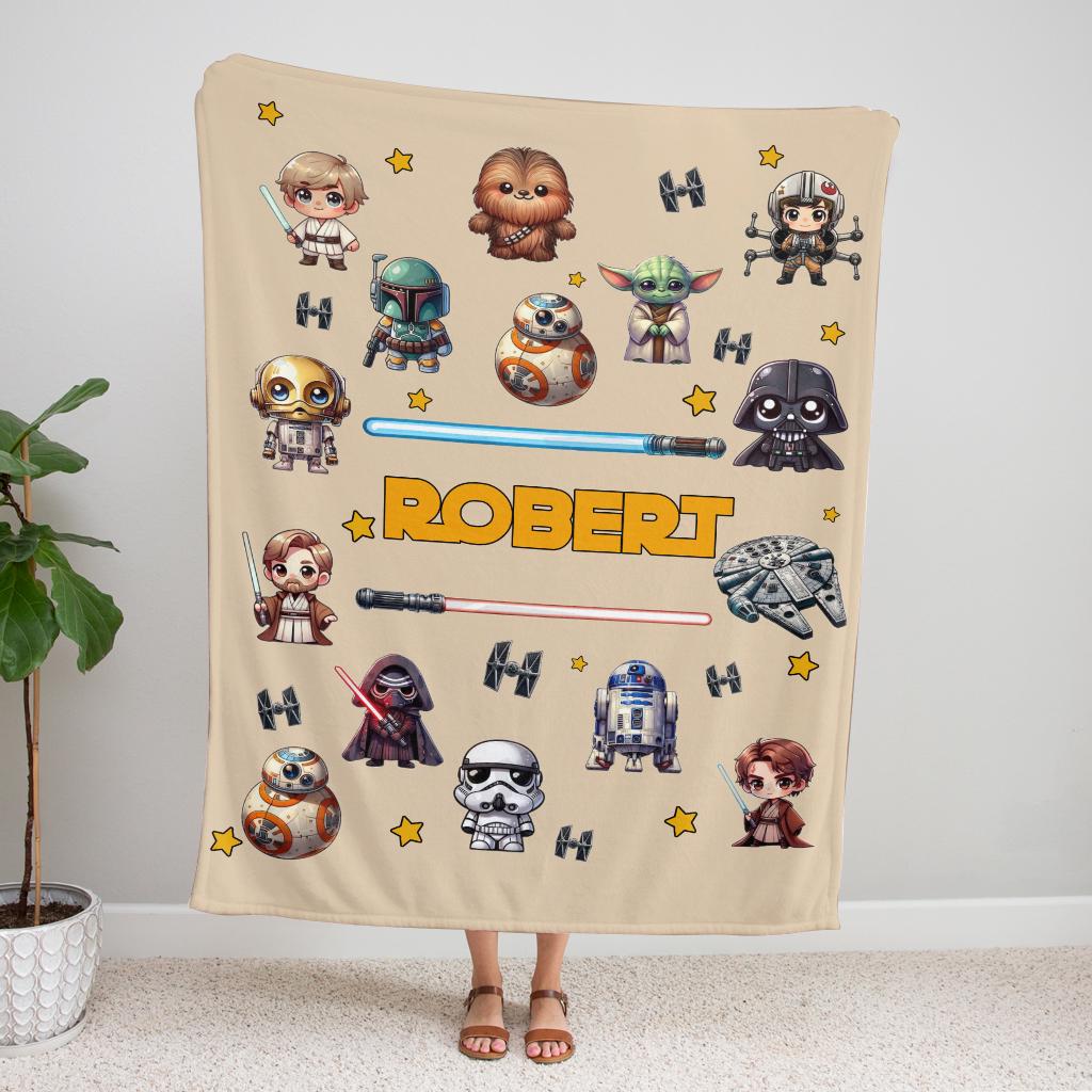 Personalized Star Wars Blanket, Custom Name Baby Blanket, Cute Chibi Sci-Fi Kids Fleece Blanket, Yoda Darth Vader Boy Gift, Birthday Gift