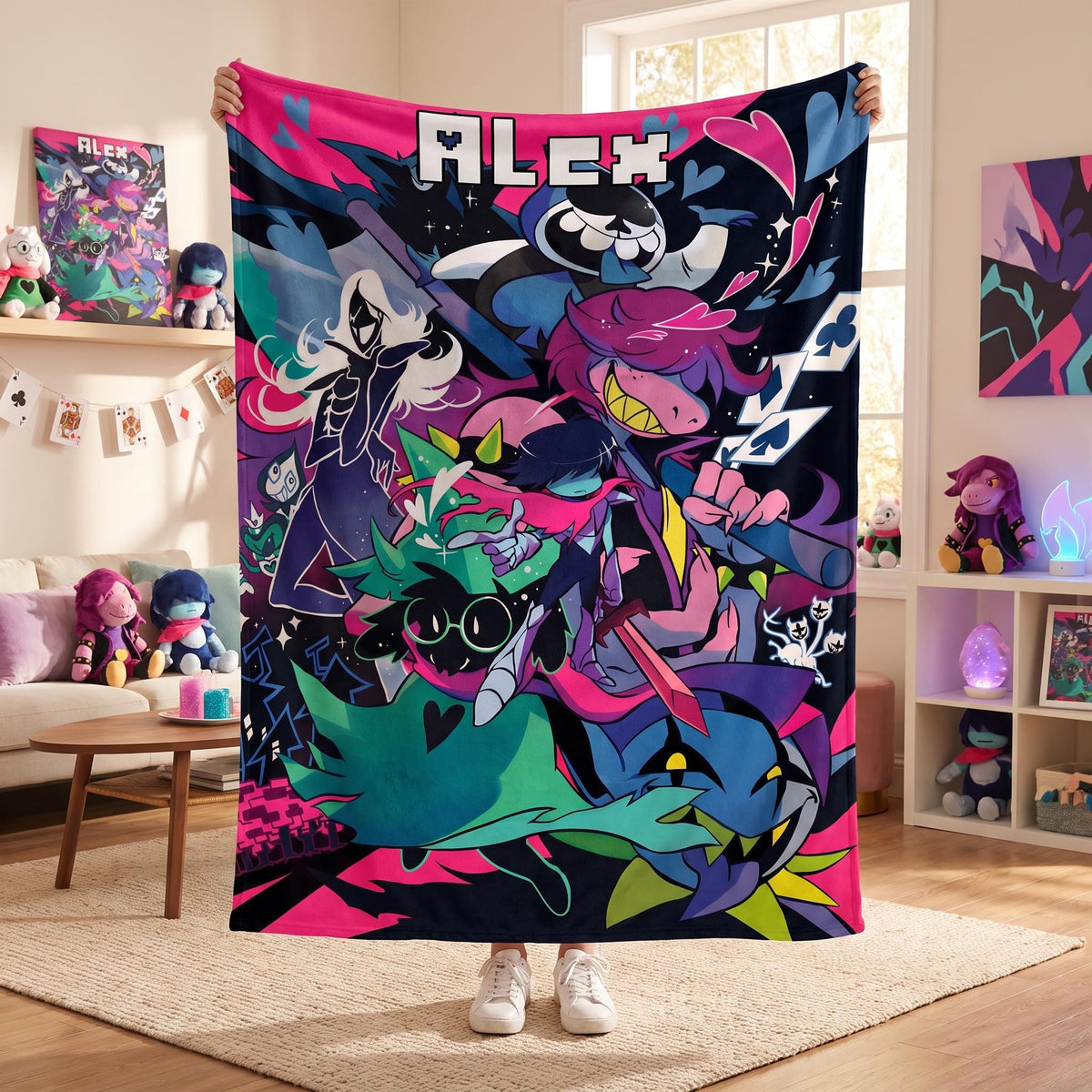 Custom Name Personalized Flannel Throw Blanket RPG Pixel Video Game Character Art Neon Room Decor Boys Kids Fan Merchandise Gamer Gift Idea