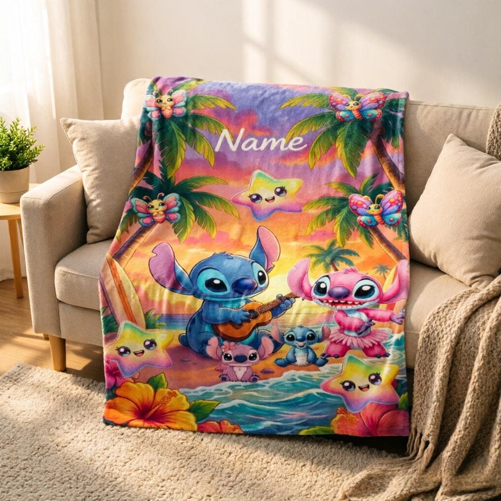 Personalized Stitch Flannel Throw Blanket, Tropical Beach Anime Decor