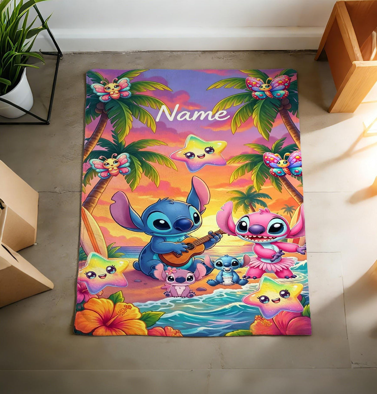 Personalized Stitch Flannel Throw Blanket, Tropical Beach Anime Decor