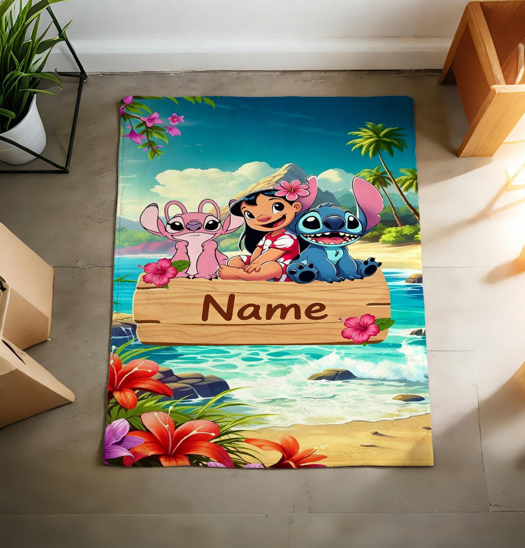 Custom Stitch Blanket, Personalized Name Tropical Throw, Cozy Flannel Anime Decor