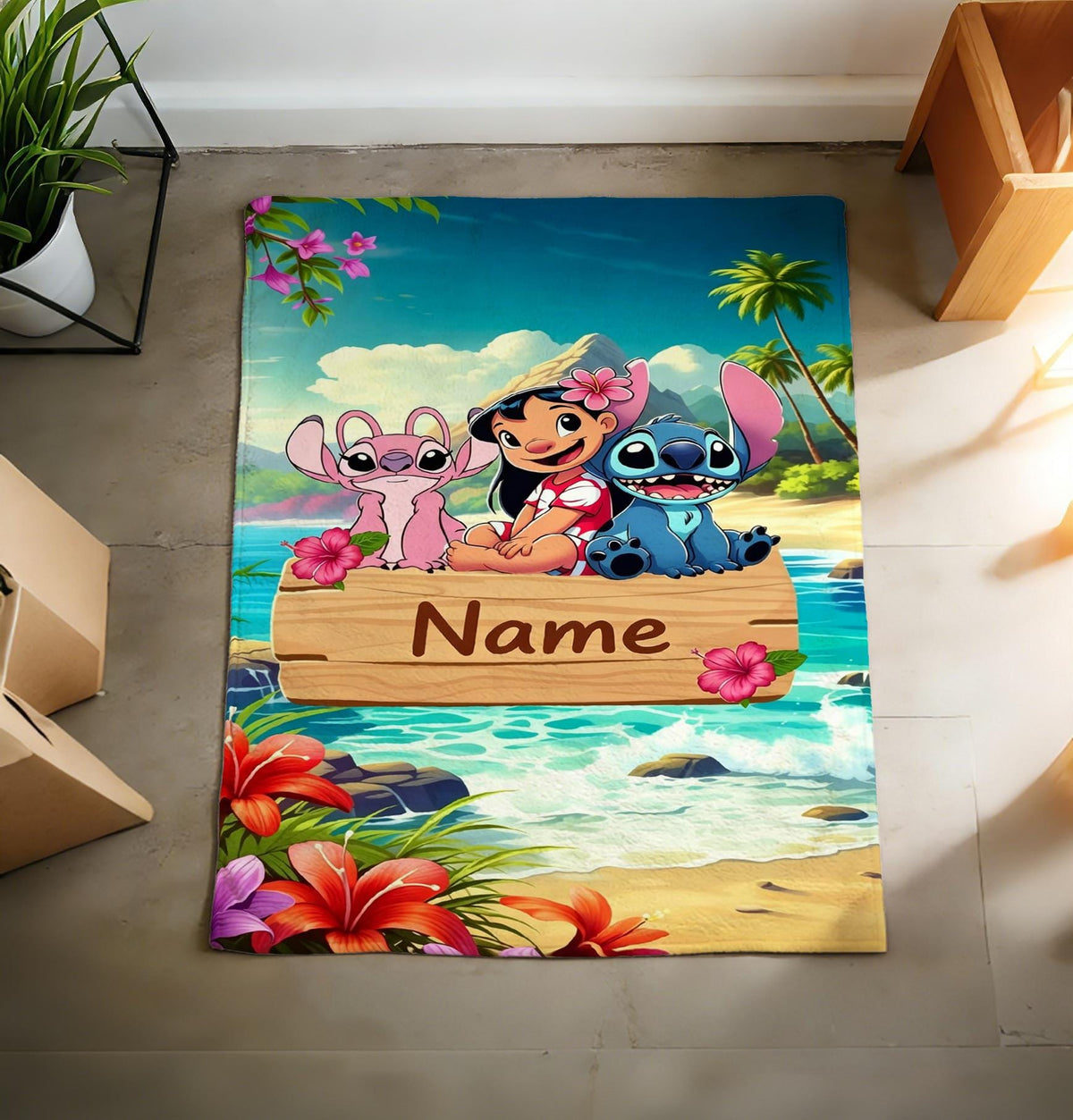 Custom Stitch Blanket, Personalized Name Tropical Throw, Cozy Flannel Anime Decor