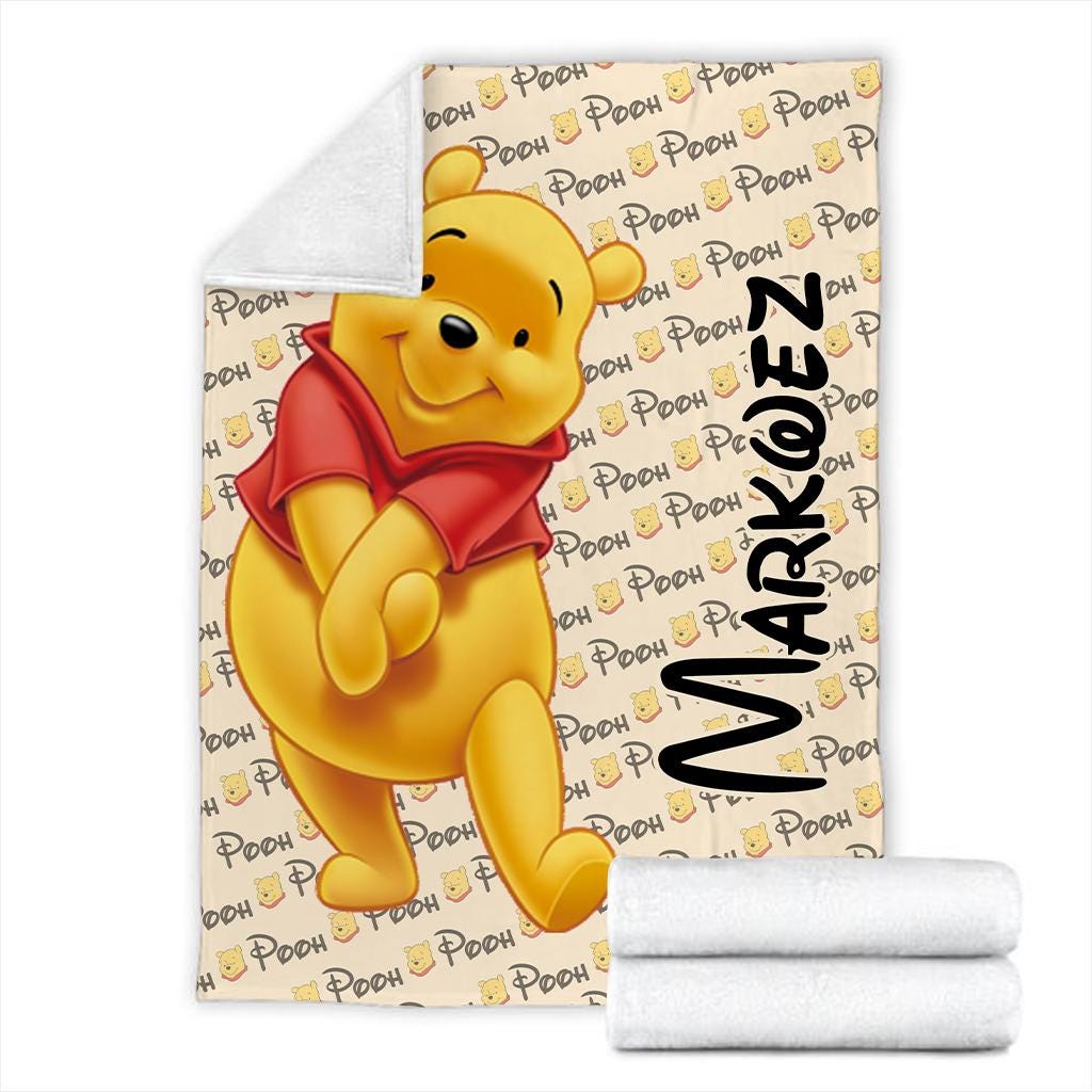 Personalized Winnie Bear Blanket Custom Name Kids Gift Cute Fleece Throw Baby Blanket Nursery Decor Cozy Cartoon Gift for Pooh Fan