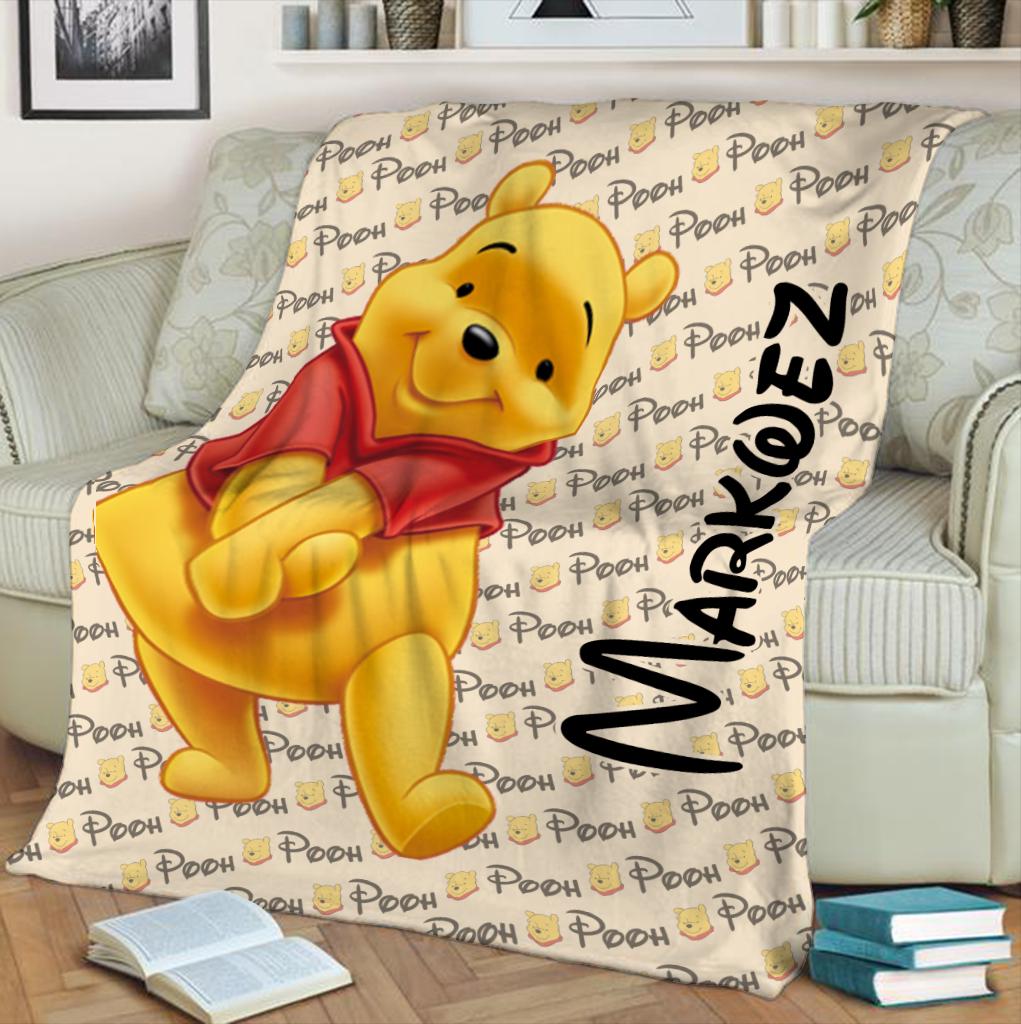 Personalized Winnie Bear Blanket Custom Name Kids Gift Cute Fleece Throw Baby Blanket Nursery Decor Cozy Cartoon Gift for Pooh Fan
