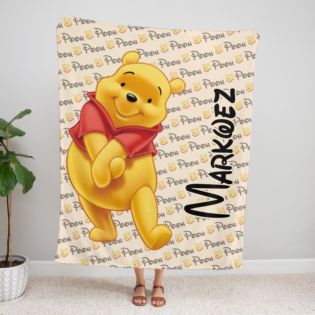 Personalized Winnie Bear Blanket Custom Name Kids Gift Cute Fleece Throw Baby Blanket Nursery Decor Cozy Cartoon Gift for Pooh Fan