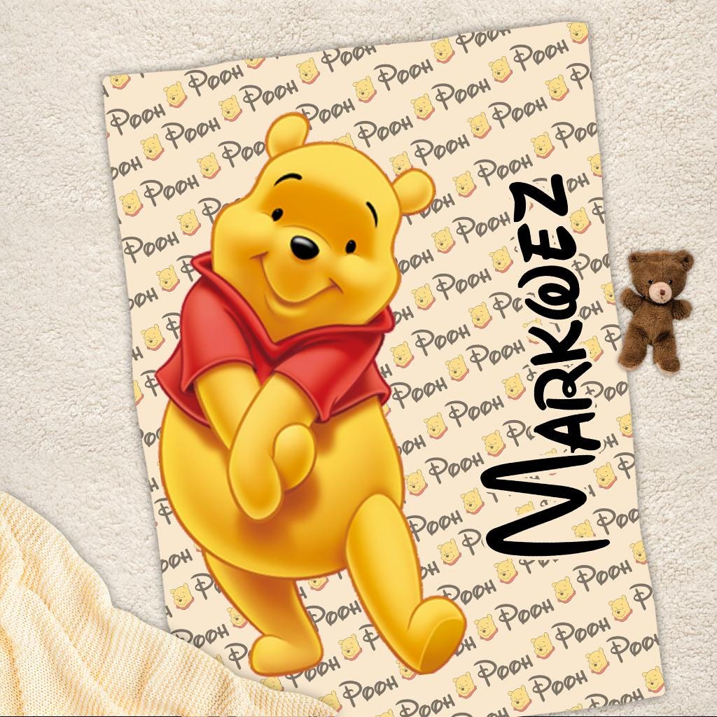 Personalized Winnie Bear Blanket Custom Name Kids Gift Cute Fleece Throw Baby Blanket Nursery Decor Cozy Cartoon Gift for Pooh Fan