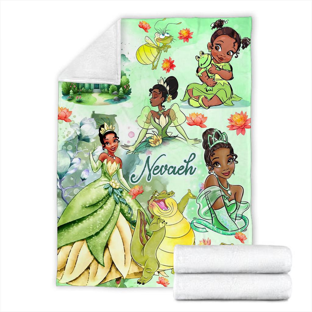 Personalized Tiana Princess Blanket, Custom Name Kids Gift Green Fleece Baby Blanket Nursery Decor Cute Frog Cartoon Gift for Girl Fan