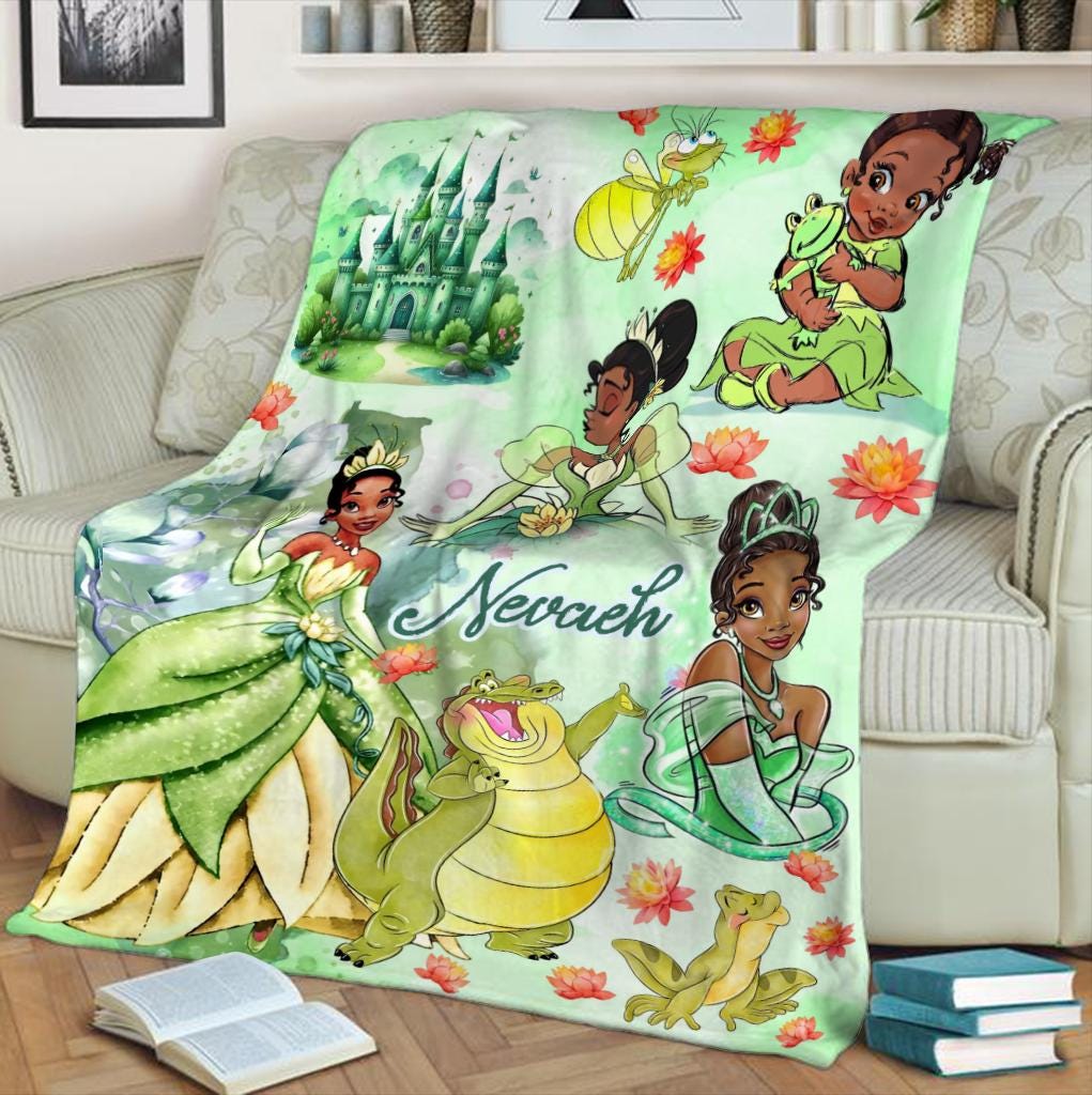 Personalized Tiana Princess Blanket, Custom Name Kids Gift Green Fleece Baby Blanket Nursery Decor Cute Frog Cartoon Gift for Girl Fan