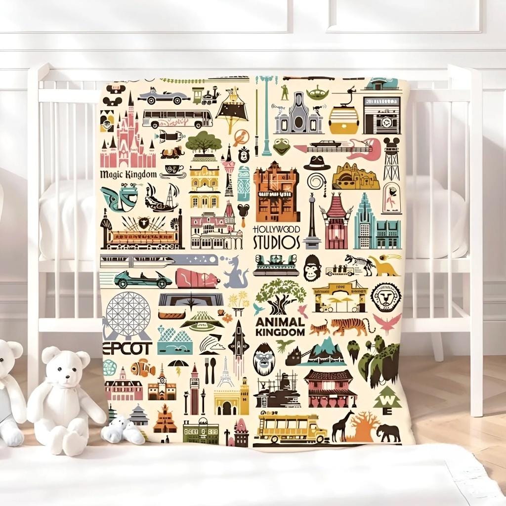 Disney World Four Parks Icons Velveteen Plushy Blanket, Disney Icons Blanket, Disney Nursery Baby Blanket