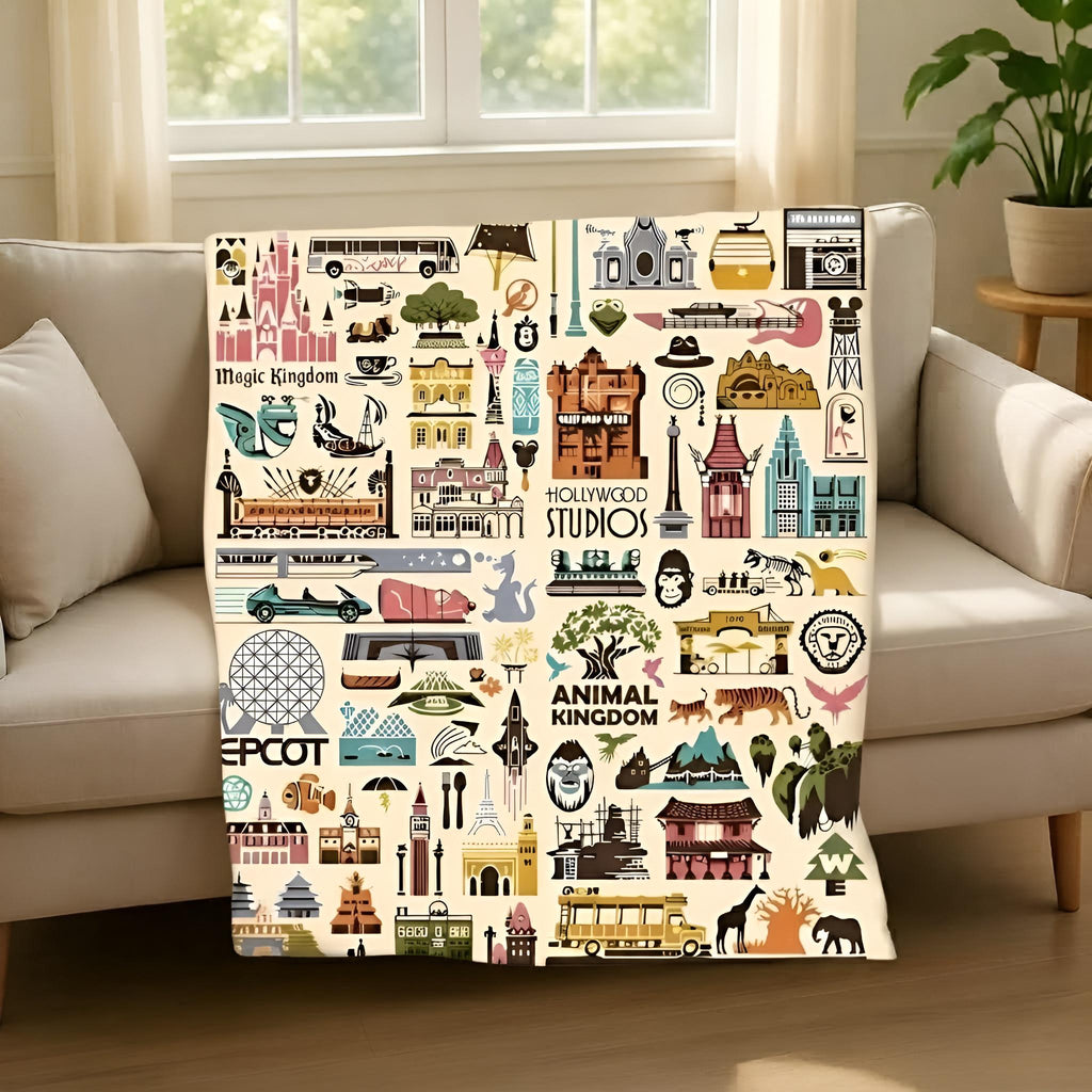 Disney World Four Parks Icons Velveteen Plushy Blanket, Disney Icons Blanket, Disney Nursery Baby Blanket
