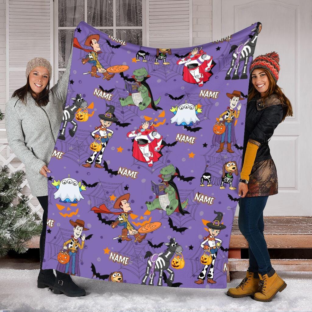 Custom Halloween Toy Story Blanket, Personalized Name Buzz Lightyear Woody Slinky Dog Spooky Cartoon Bedding Cute Ghost Gift for Toy Fan