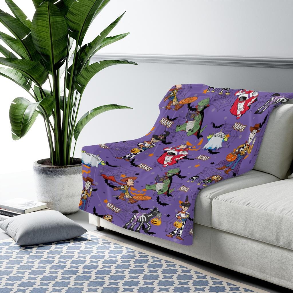 Custom Halloween Toy Story Blanket, Personalized Name Buzz Lightyear Woody Slinky Dog Spooky Cartoon Bedding Cute Ghost Gift for Toy Fan