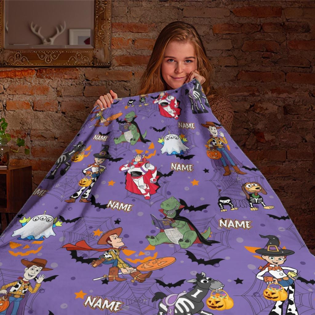 Custom Halloween Toy Story Blanket, Personalized Name Buzz Lightyear Woody Slinky Dog Spooky Cartoon Bedding Cute Ghost Gift for Toy Fan