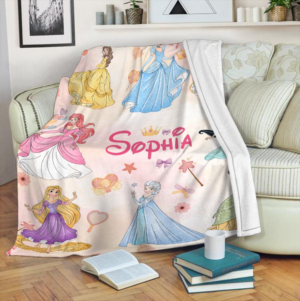 Personalized Disney Princess Blanket, Princess Ariel Belle Jasmine Fleece Blanket, Magical Girl Nursery Decor Gift , Custom Name Princess