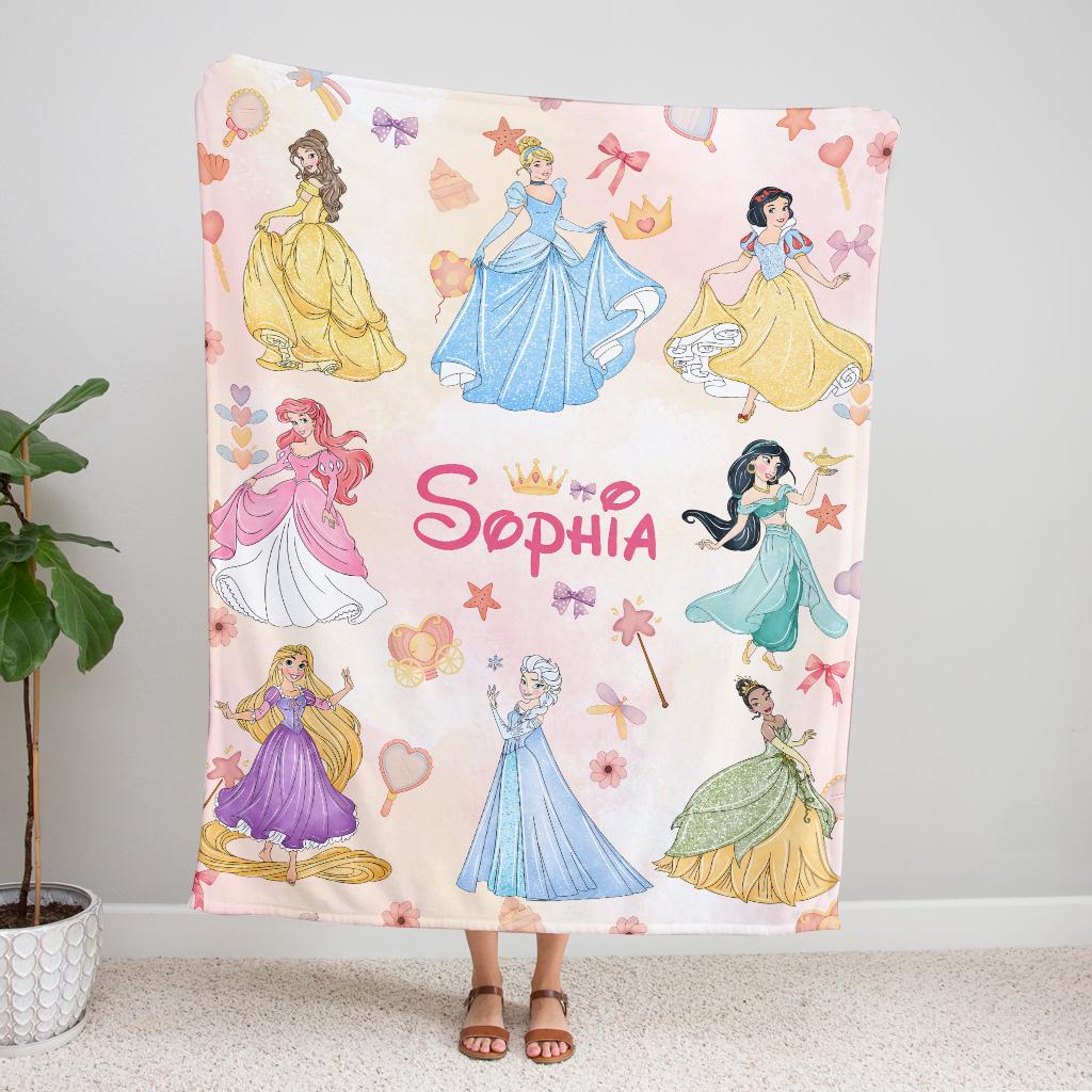 Personalized Disney Princess Blanket, Princess Ariel Belle Jasmine Fleece Blanket, Magical Girl Nursery Decor Gift , Custom Name Princess